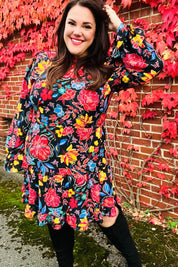 Lock Eyes Black Floral Sequin Print Ruffle Sleeve Frill Mock Neck Dress | Daverri Fashions