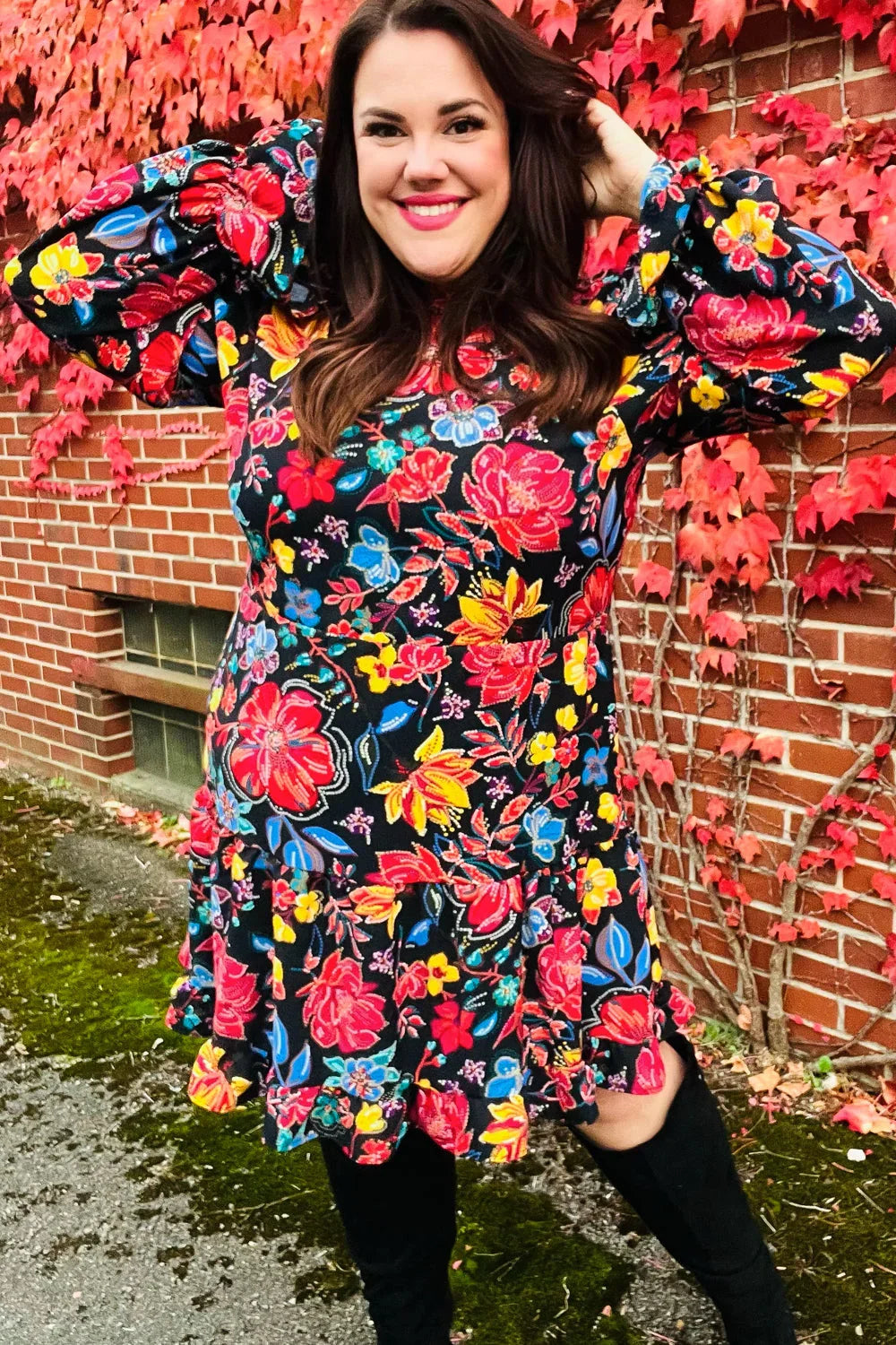 Lock Eyes Black Floral Sequin Print Ruffle Sleeve Frill Mock Neck Dress | Daverri Fashions