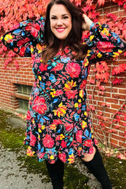 Lock Eyes Black Floral Sequin Print Ruffle Sleeve Frill Mock Neck Dress | Daverri Fashions