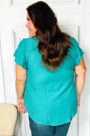 Eyes On You Teal Scalloped V Neck Tulip Sleeve Top | Daverri Fashions
