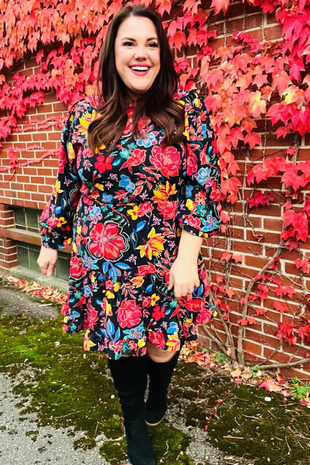 Lock Eyes Black Floral Sequin Print Ruffle Sleeve Frill Mock Neck Dress | Daverri Fashions