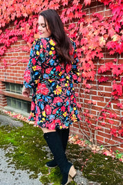 Lock Eyes Black Floral Sequin Print Ruffle Sleeve Frill Mock Neck Dress | Daverri Fashions