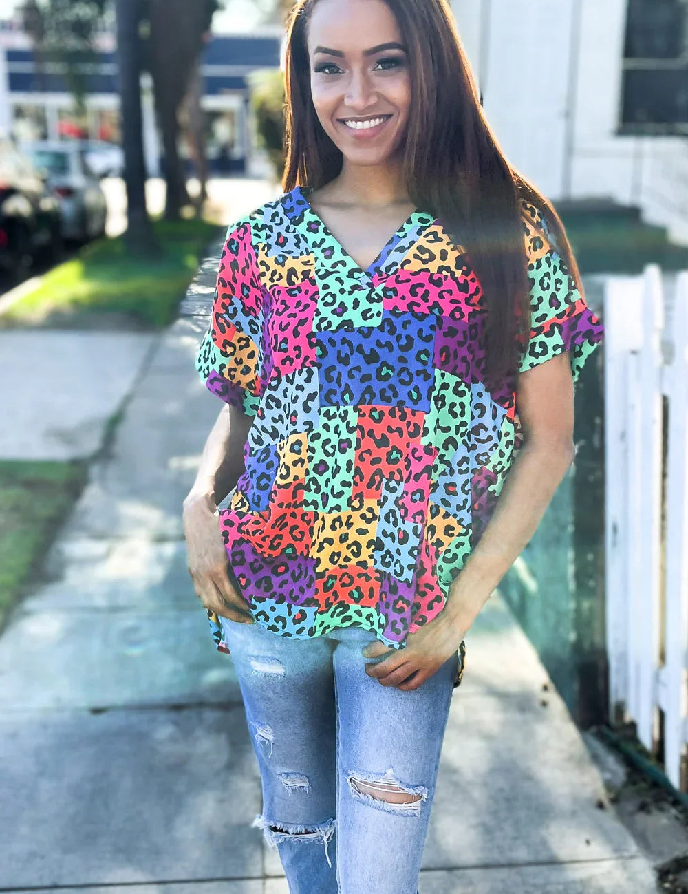 Dazzle in Multicolor Animal Patchwork V Neck Dolman Cap Sleeve Top | Daverri Fashions