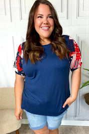 Stand-Out Navy Patriotic Patchwork Puff Sleeve Top | Daverri Fashions