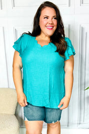 Eyes On You Teal Scalloped V Neck Tulip Sleeve Top | Daverri Fashions