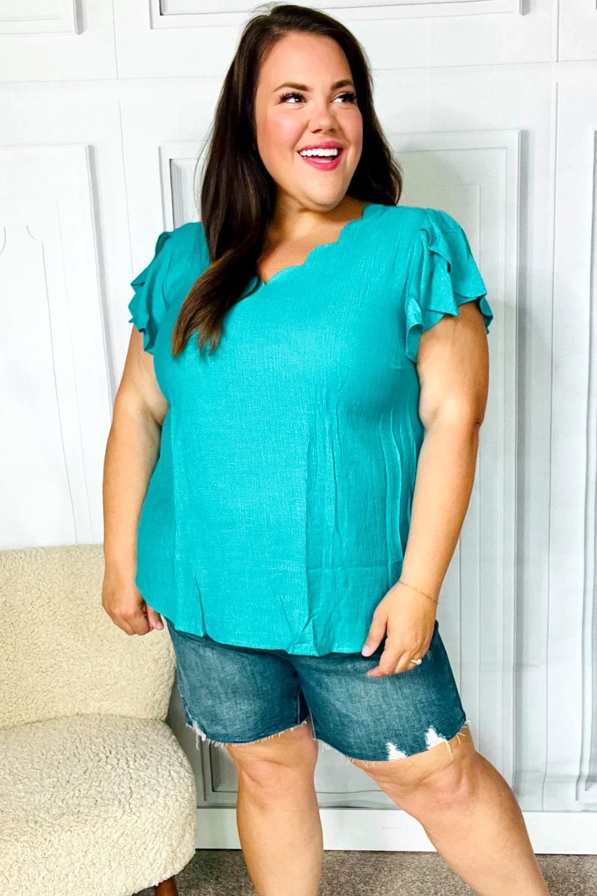 Eyes On You Teal Scalloped V Neck Tulip Sleeve Top | Daverri Fashions