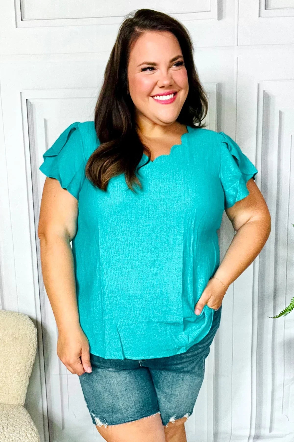 Eyes On You Teal Scalloped V Neck Tulip Sleeve Top | Daverri Fashions