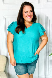 Eyes On You Teal Scalloped V Neck Tulip Sleeve Top | Daverri Fashions