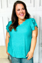 Eyes On You Teal Scalloped V Neck Tulip Sleeve Top | Daverri Fashions