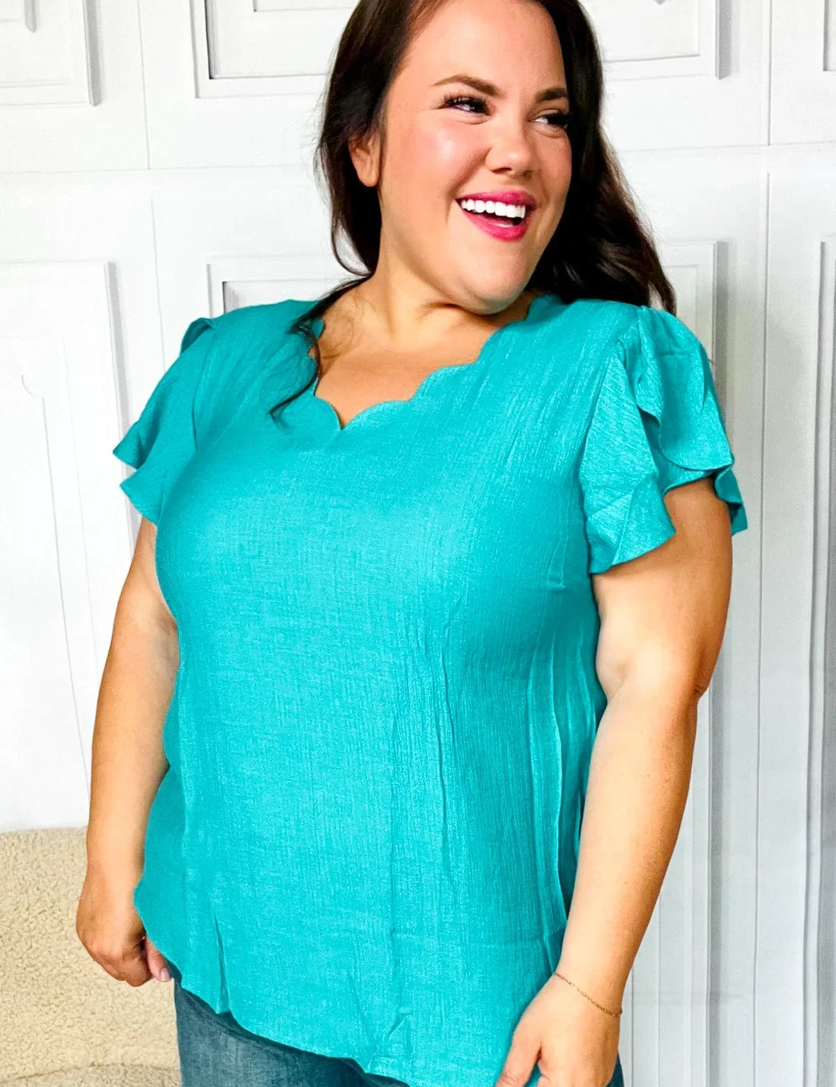 Eyes On You Teal Scalloped V Neck Tulip Sleeve Top | Daverri Fashions