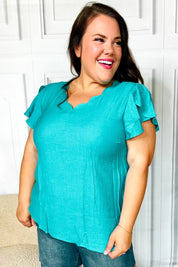 Eyes On You Teal Scalloped V Neck Tulip Sleeve Top | Daverri Fashions