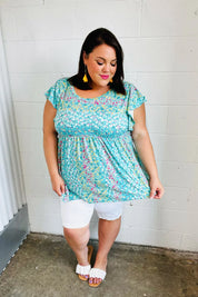 Turquoise Floral Stripe Babydoll Top | Daverri Fashions