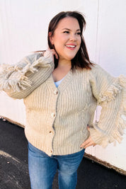 Weekend Ready Oatmeal V Neck Fringe Chunky Cable Cardigan | 2024 Blow-Out Sale Daverri Fashions