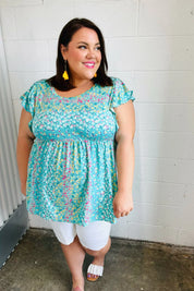Turquoise Floral Stripe Babydoll Top | Daverri Fashions