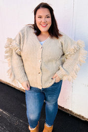 Weekend Ready Oatmeal V Neck Fringe Chunky Cable Cardigan | 2024 Blow-Out Sale Daverri Fashions