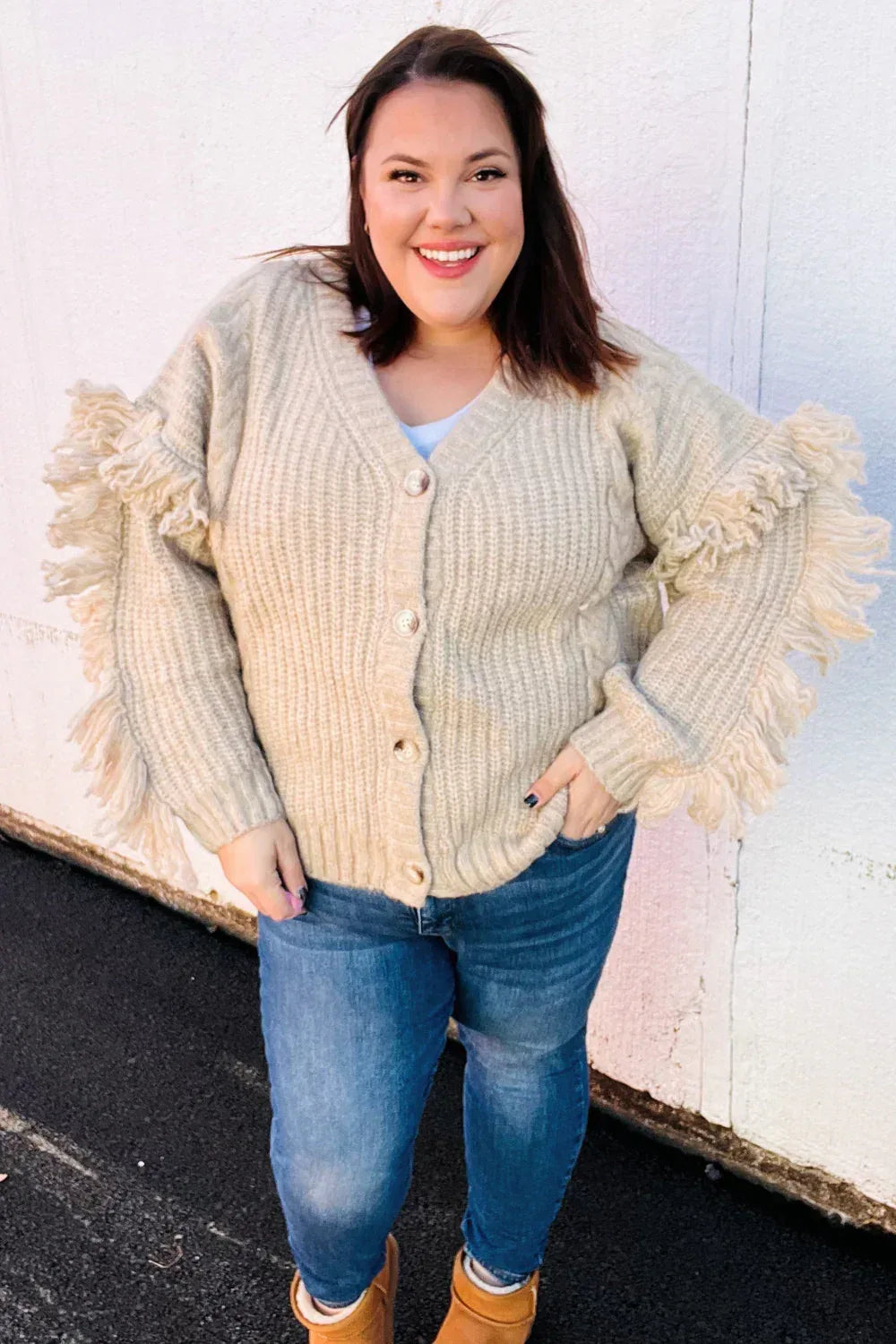 Weekend Ready Oatmeal V Neck Fringe Chunky Cable Cardigan - DAVERRI FASHIONS