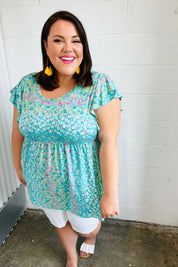 Turquoise Floral Stripe Babydoll Top | Daverri Fashions