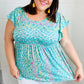Turquoise Floral Stripe Babydoll Top - DAVERRI FASHIONS