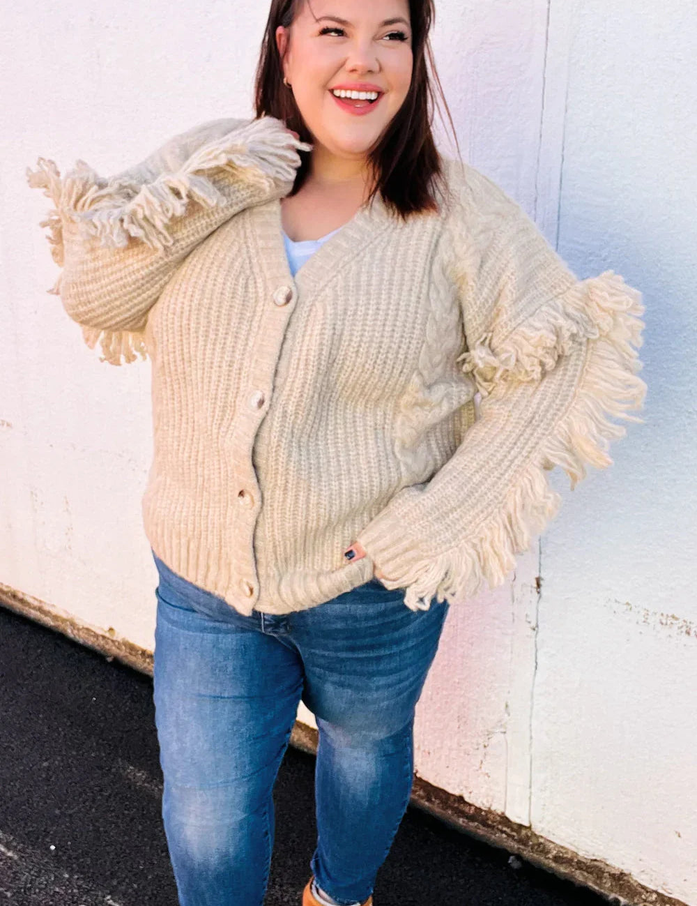 Weekend Ready Oatmeal V Neck Fringe Chunky Cable Cardigan | 2024 Blow-Out Sale Daverri Fashions