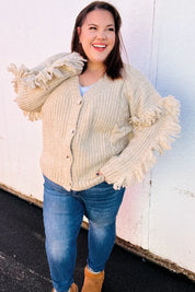 Weekend Ready Oatmeal V Neck Fringe Chunky Cable Cardigan | 2024 Blow-Out Sale Daverri Fashions