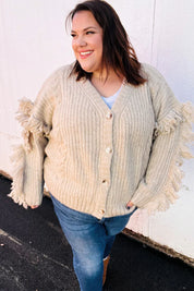 Weekend Ready Oatmeal V Neck Fringe Chunky Cable Cardigan | 2024 Blow-Out Sale Daverri Fashions