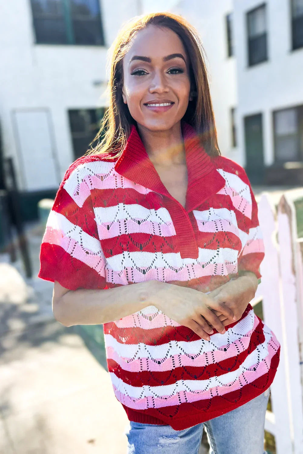 Sweetheart Ready Pointelle Collared Notch Neck Sweater | 2025 Summer-Blow Out Sale Daverri Fashions