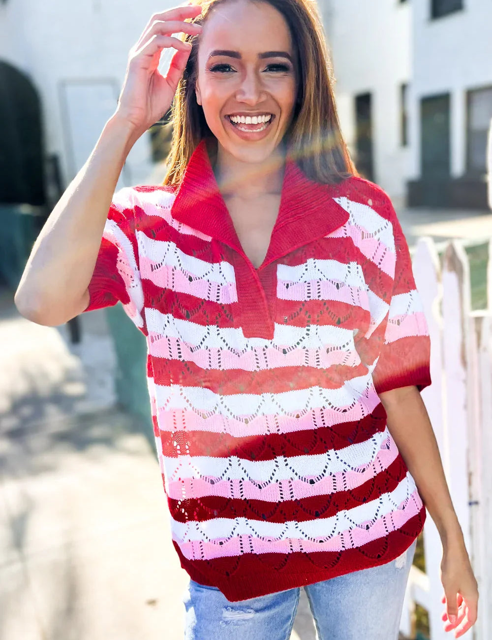 Sweetheart Ready Pointelle Collared Notch Neck Sweater | 2025 Summer-Blow Out Sale Daverri Fashions