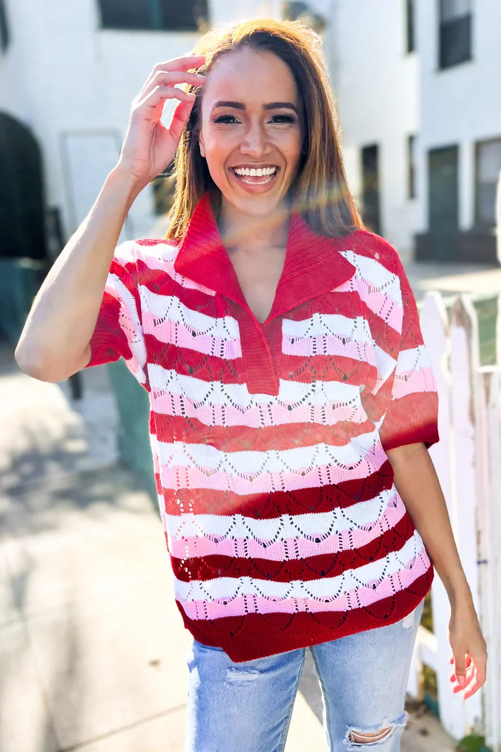 Sweetheart Ready Pointelle Collared Notch Neck Sweater | 2025 Summer-Blow Out Sale Daverri Fashions