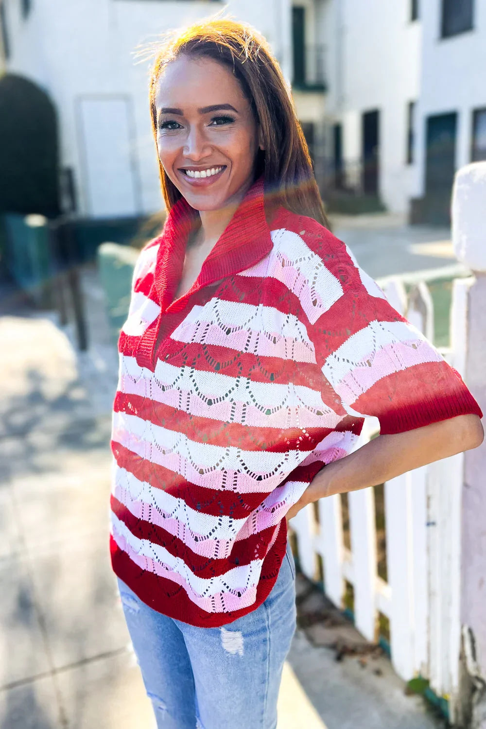 Sweetheart Ready Pointelle Collared Notch Neck Sweater | 2025 Summer-Blow Out Sale Daverri Fashions