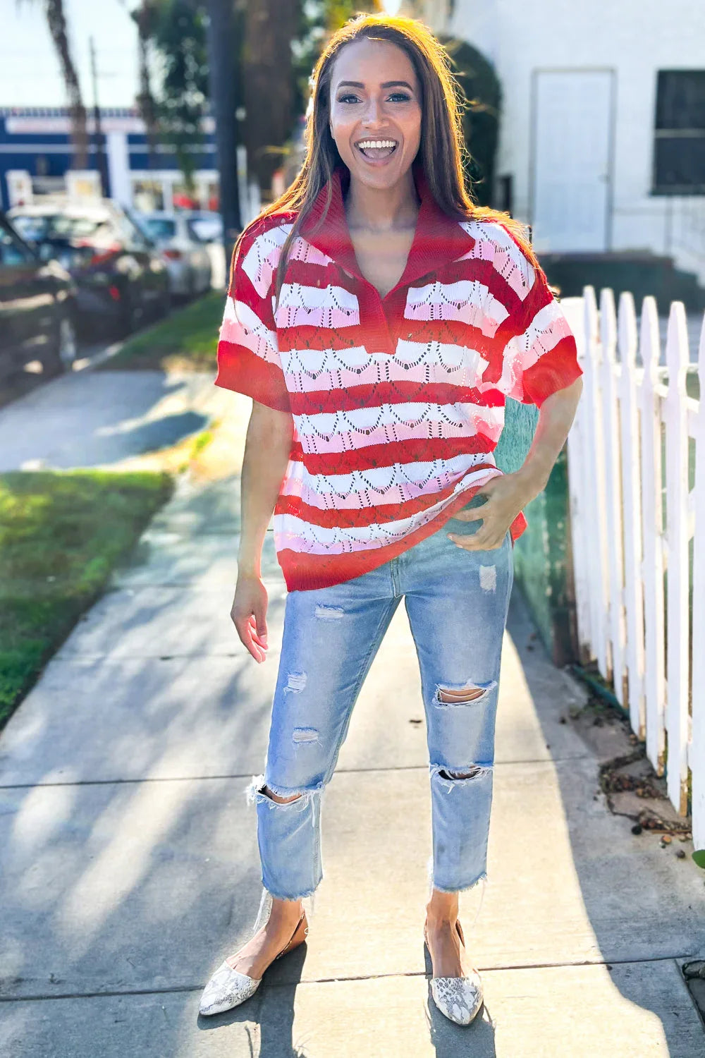 Sweetheart Ready Pointelle Collared Notch Neck Sweater | 2025 Summer-Blow Out Sale Daverri Fashions