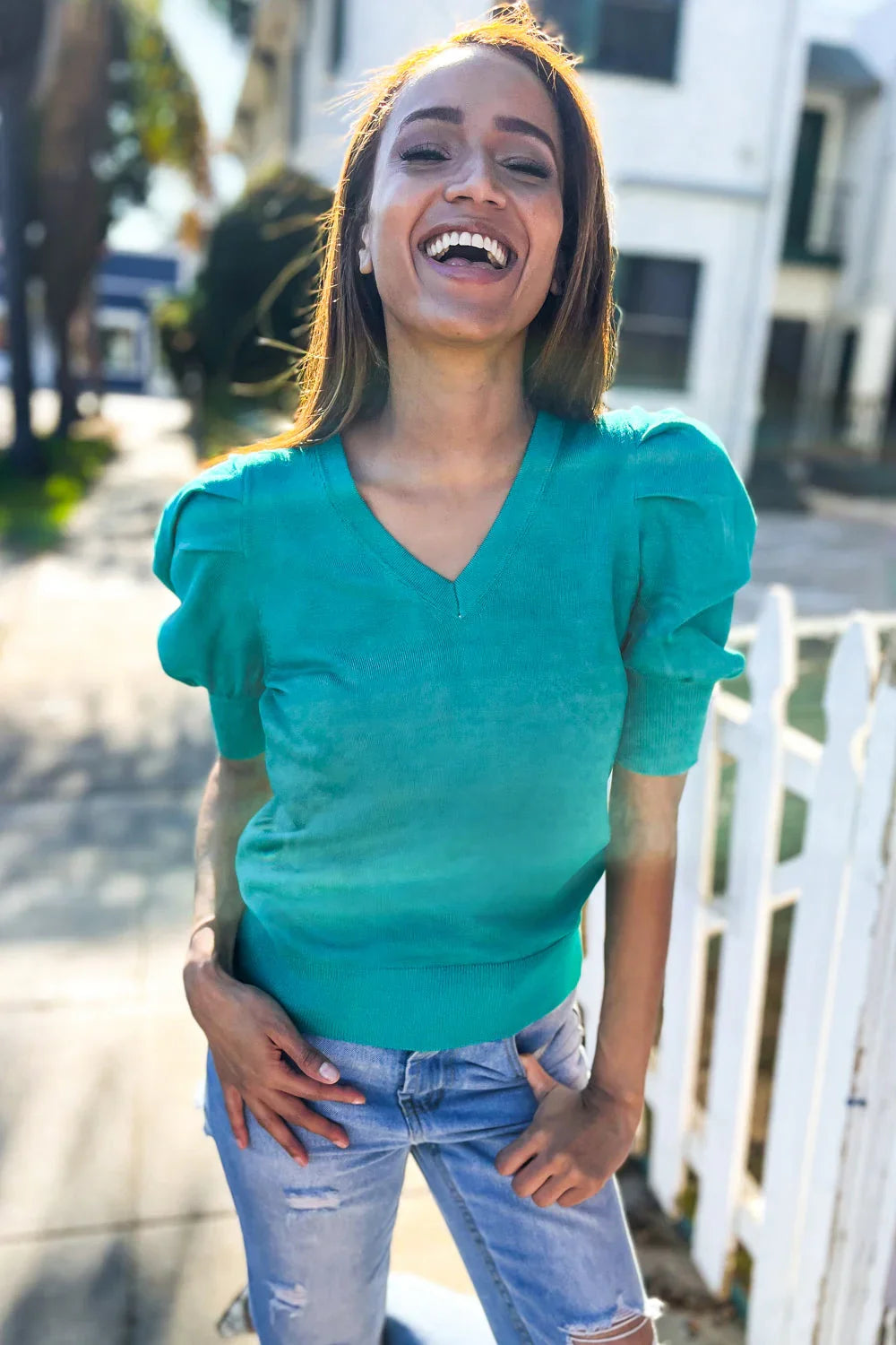 Be Bold Solid Emerald Shirred Puff Sleeve Sweater Top | Daverri Fashions