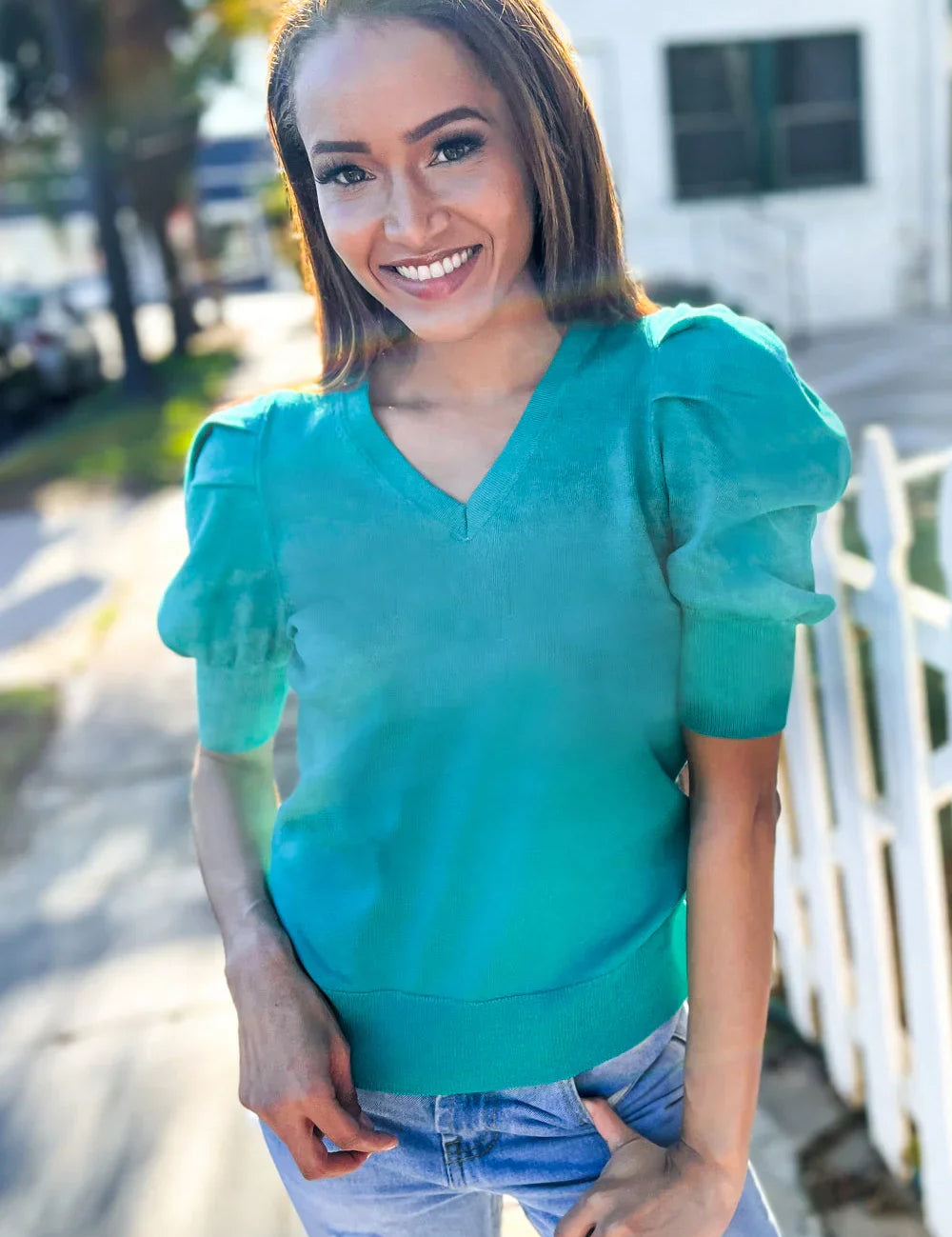 Be Bold Solid Emerald Shirred Puff Sleeve Sweater Top | Daverri Fashions