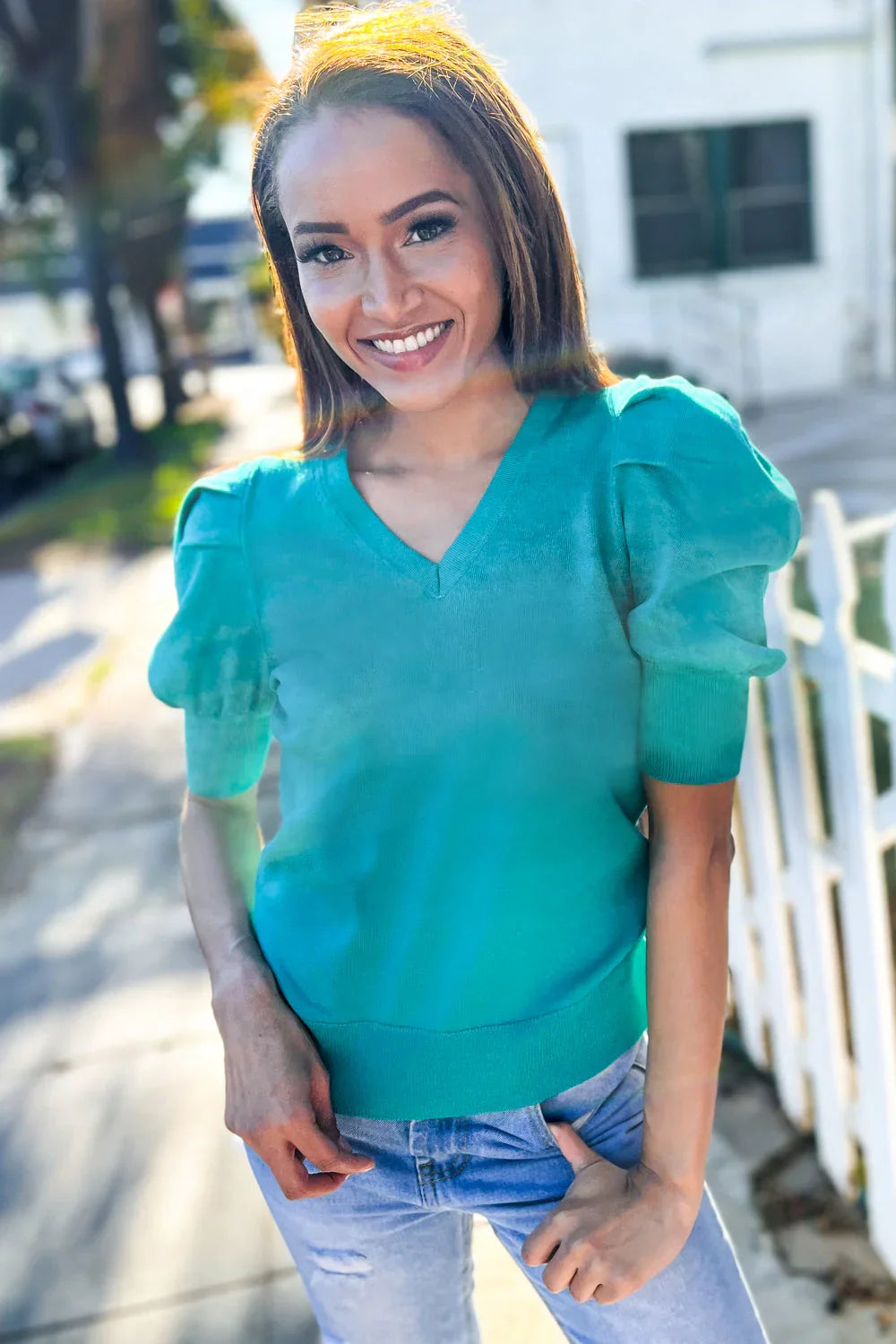 Be Bold Solid Emerald Shirred Puff Sleeve Sweater Top | Daverri Fashions