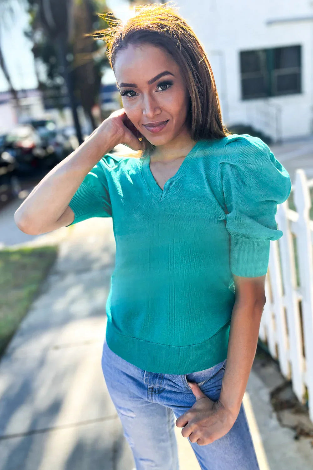 Be Bold Solid Emerald Shirred Puff Sleeve Sweater Top | Daverri Fashions