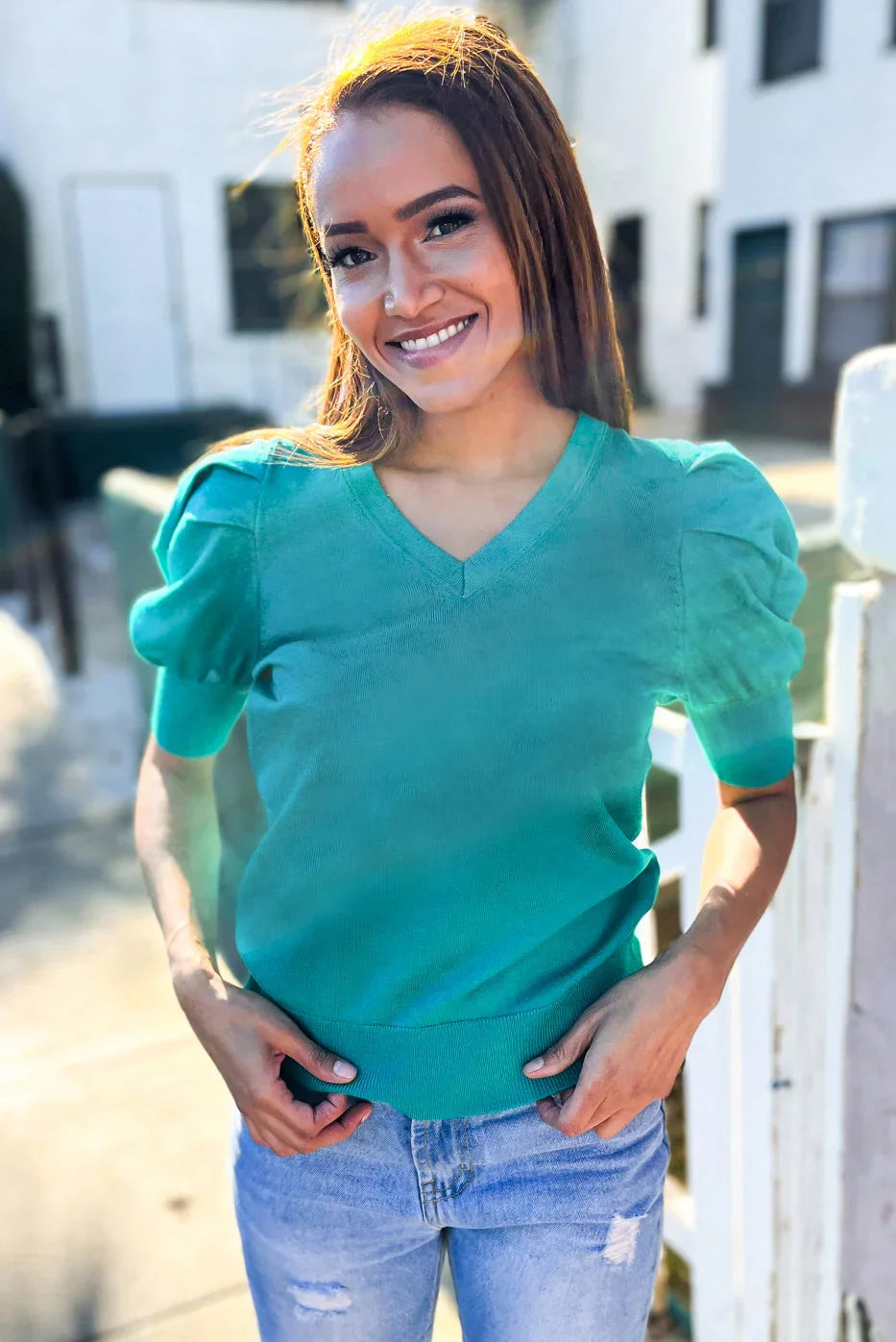 Be Bold Solid Emerald Shirred Puff Sleeve Sweater Top | Daverri Fashions