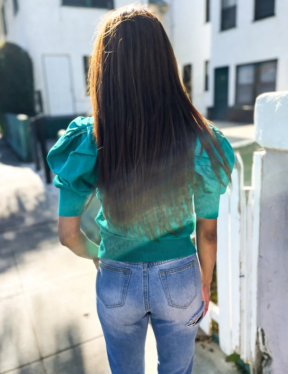 Be Bold Solid Emerald Shirred Puff Sleeve Sweater Top | Daverri Fashions