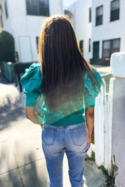 Be Bold Solid Emerald Shirred Puff Sleeve Sweater Top | Daverri Fashions