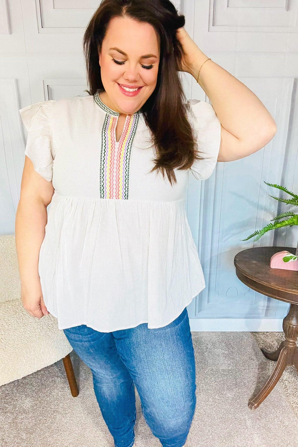 Weekend Ready Taupe Embroidered Notched Neck Babydoll Top | Daverri Fashions