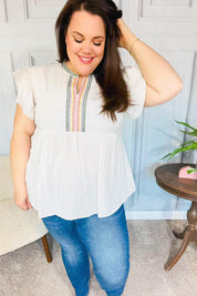 Weekend Ready Taupe Embroidered Notched Neck Babydoll Top | Daverri Fashions