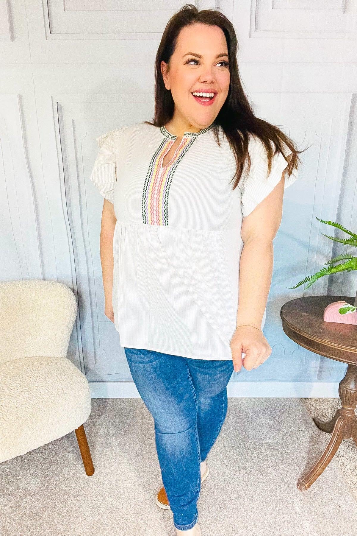 Weekend Ready Taupe Embroidered Notched Neck Babydoll Top | Daverri Fashions