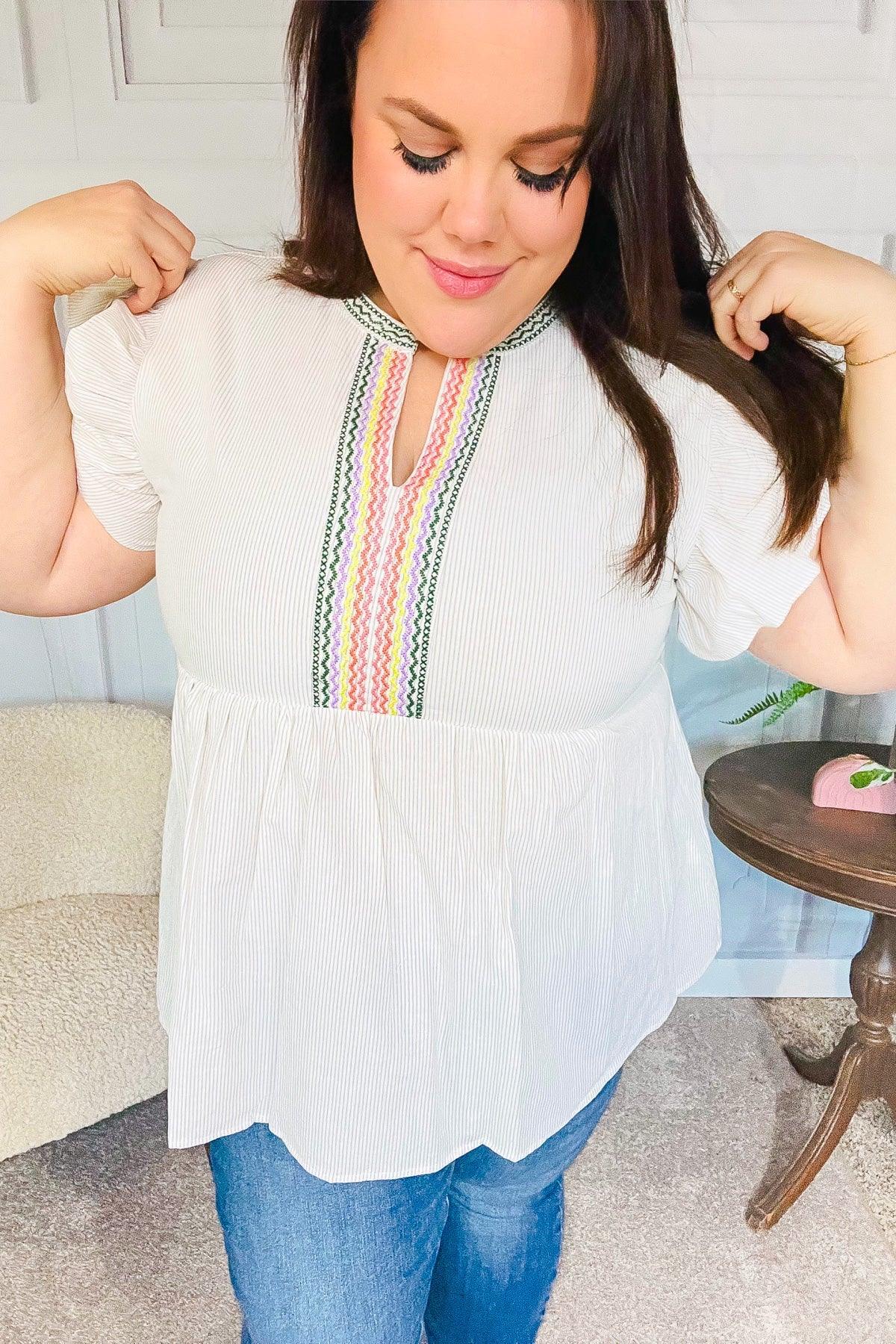 Weekend Ready Taupe Embroidered Notched Neck Babydoll Top | Daverri Fashions