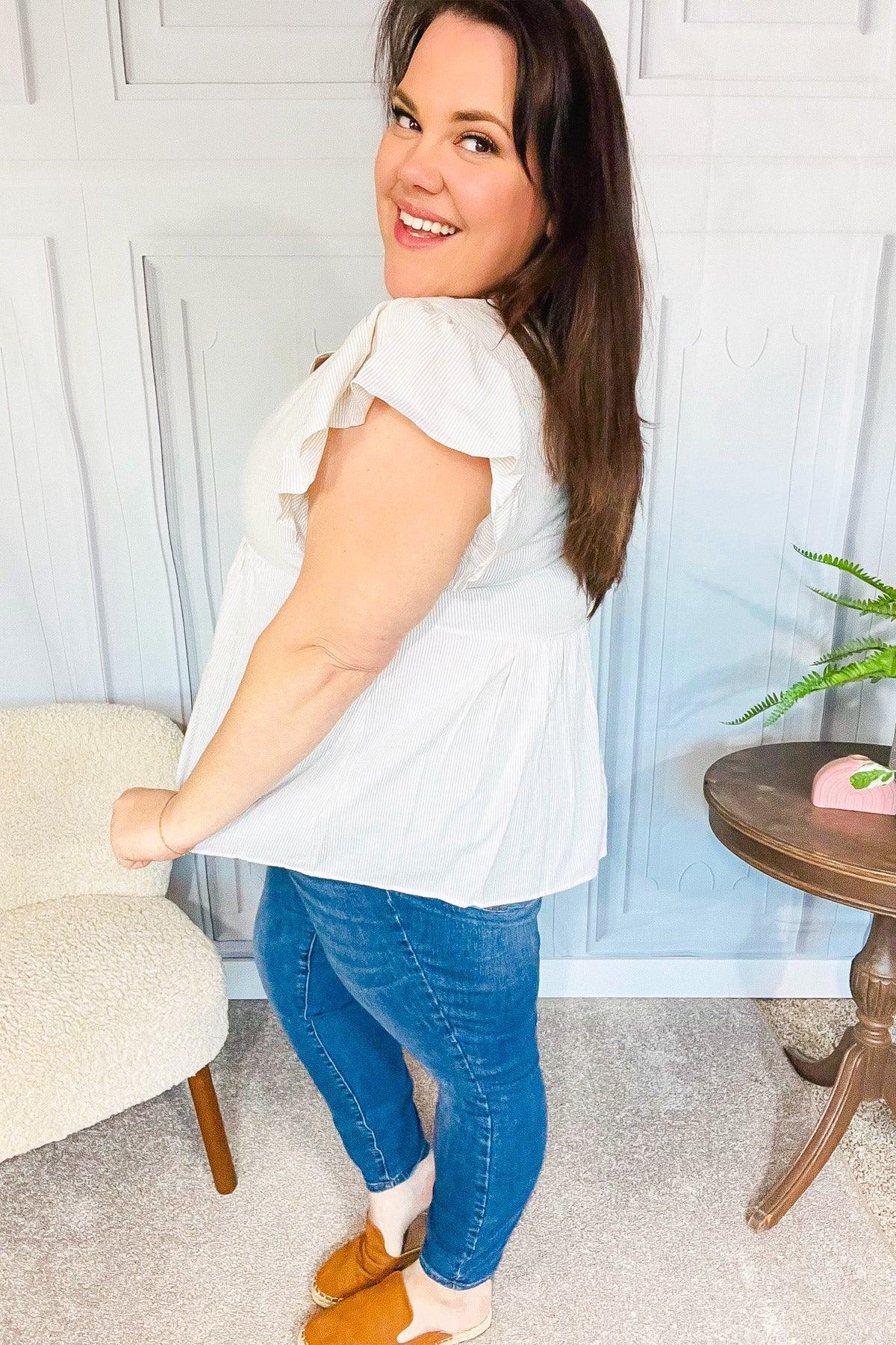 Weekend Ready Taupe Embroidered Notched Neck Babydoll Top | Daverri Fashions