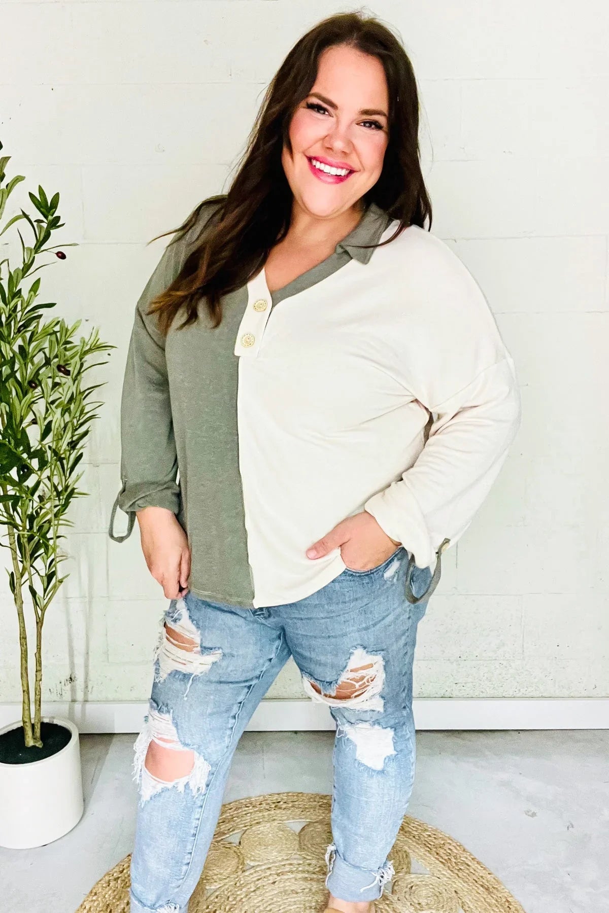 Start Your Day Olive Half & Half Collared Notched Neck Top | 2024 Blow-Out Sale Daverri Fashions