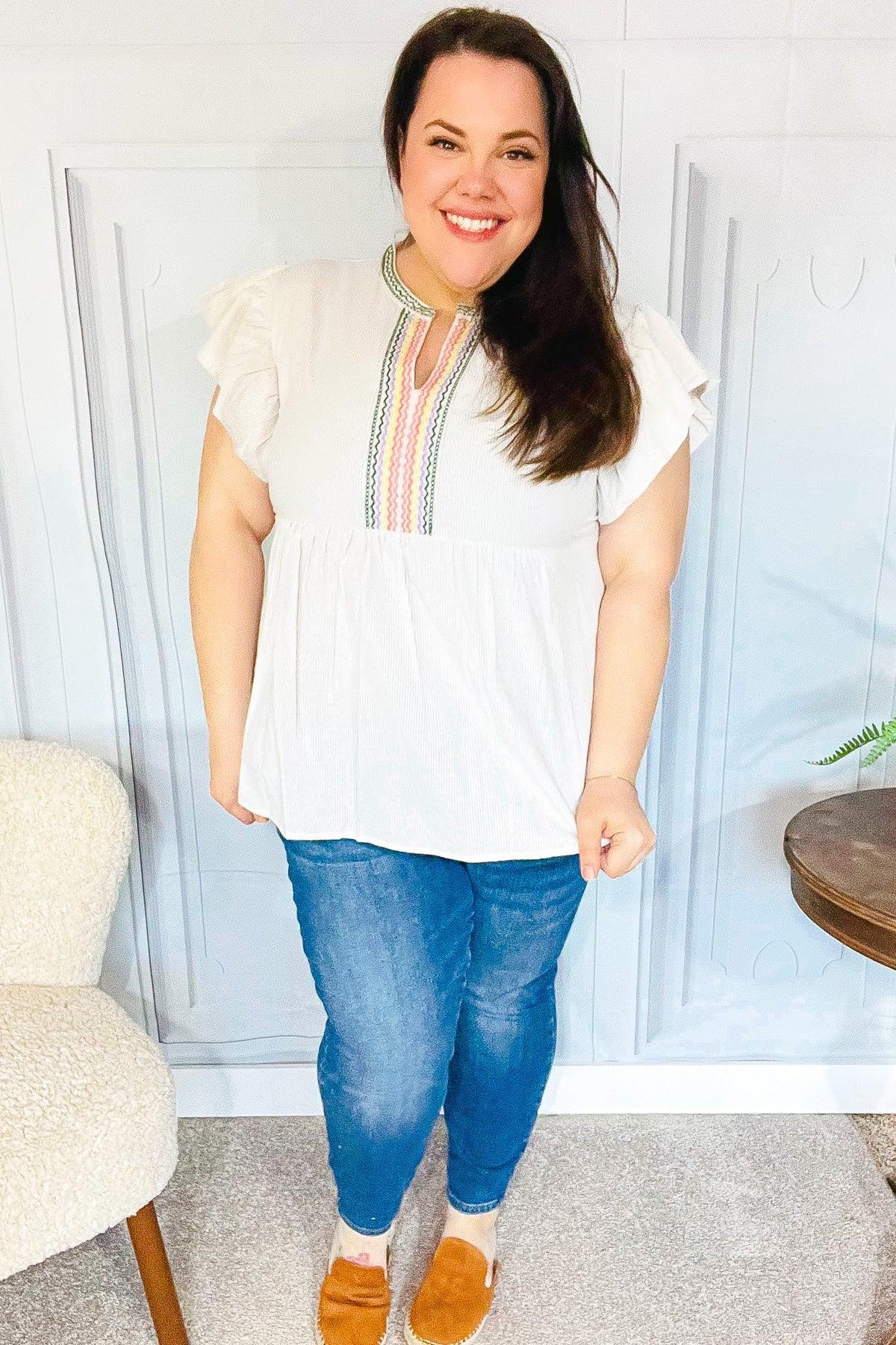 Weekend Ready Taupe Embroidered Notched Neck Babydoll Top | Daverri Fashions