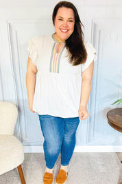 Weekend Ready Taupe Embroidered Notched Neck Babydoll Top | Daverri Fashions