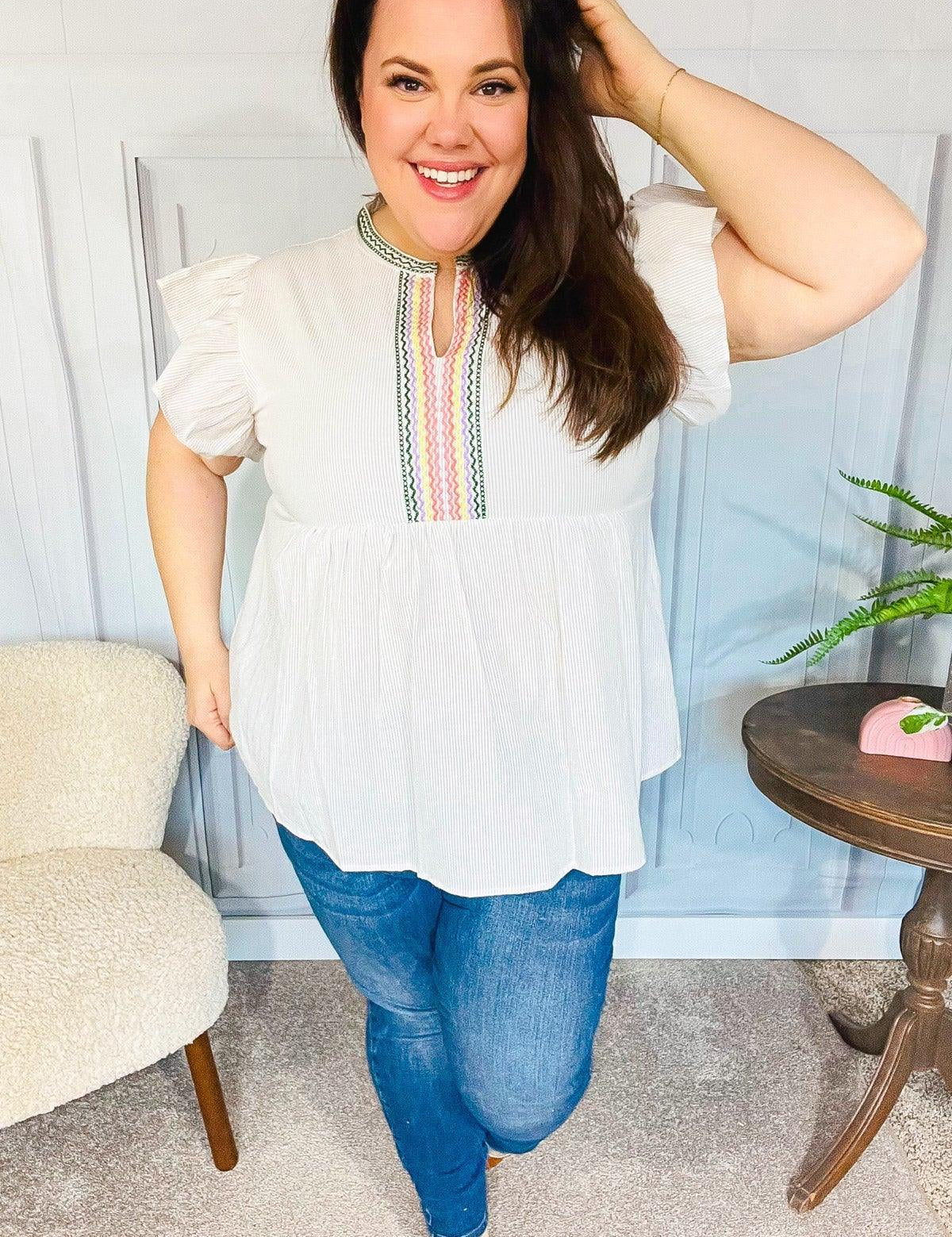 Weekend Ready Taupe Embroidered Notched Neck Babydoll Top | Daverri Fashions