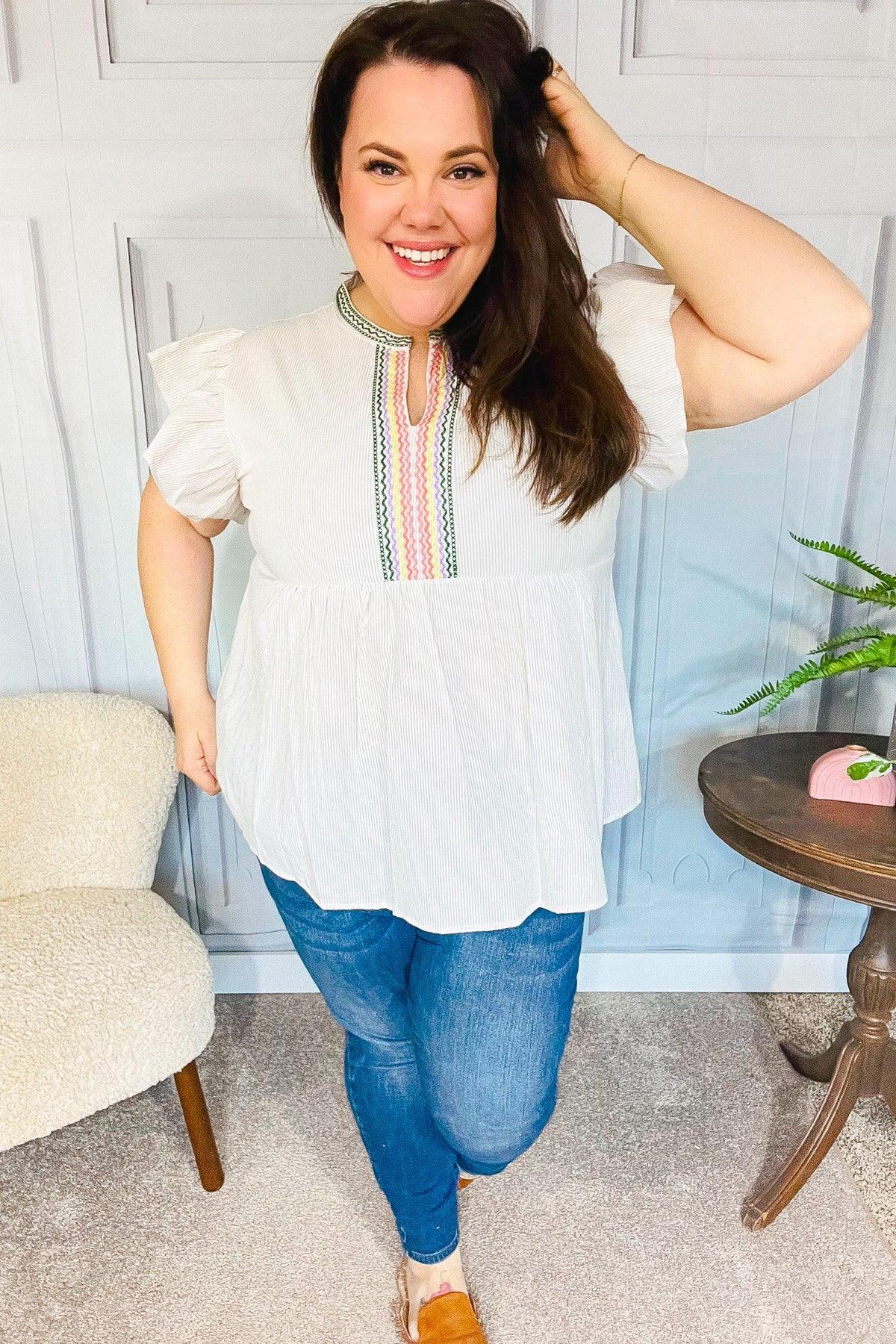 Weekend Ready Taupe Embroidered Notched Neck Babydoll Top | Daverri Fashions