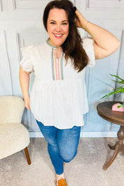 Weekend Ready Taupe Embroidered Notched Neck Babydoll Top | Daverri Fashions