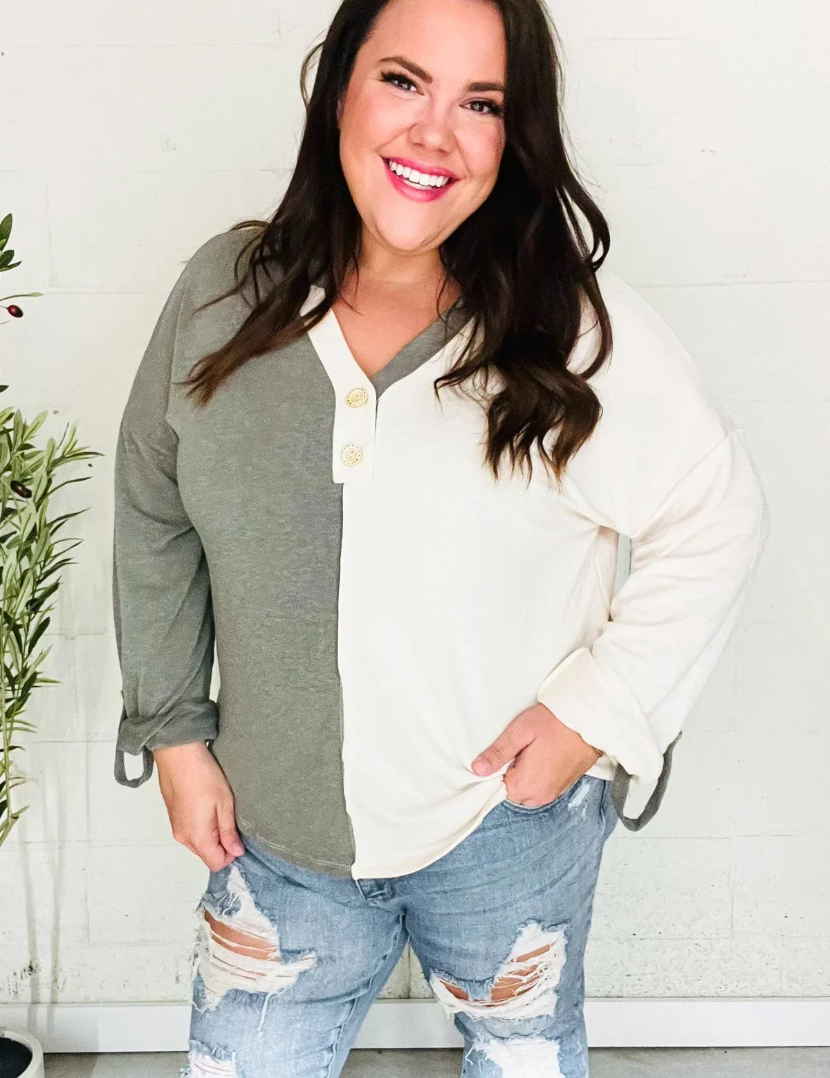 Start Your Day Olive Half & Half Collared Notched Neck Top | 2024 Blow-Out Sale Daverri Fashions