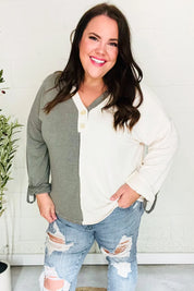 Start Your Day Olive Half & Half Collared Notched Neck Top | 2024 Blow-Out Sale Daverri Fashions